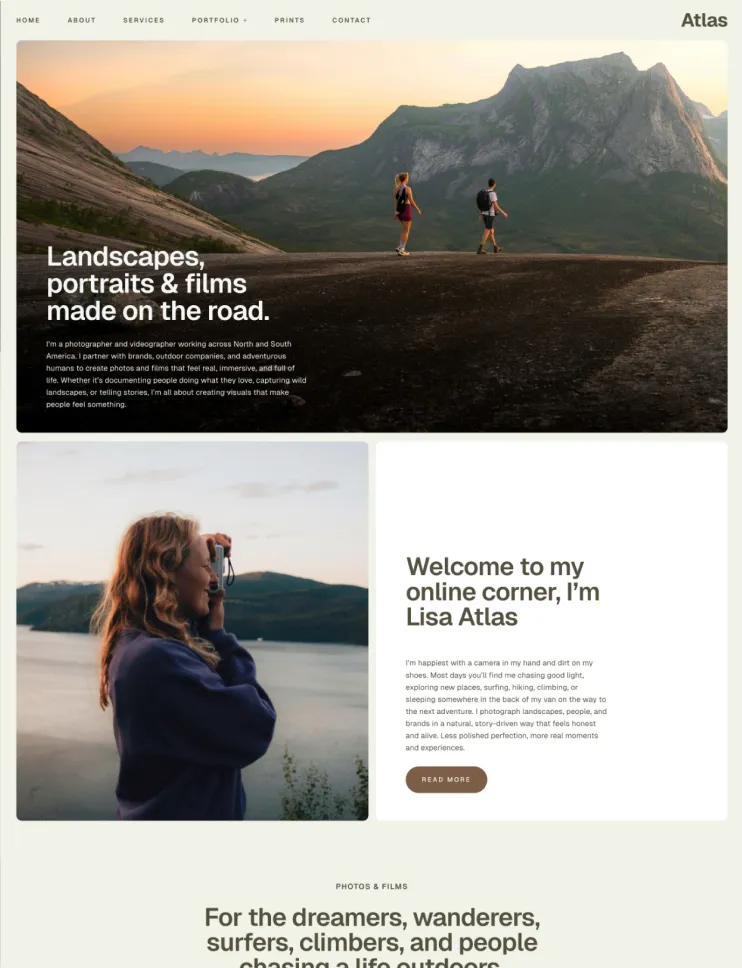 Modern adventure photography website template featuring a mountain landscape hero image, an outdoor photographer introduction, and a clean editorial layout for travel, portrait, and film photography.