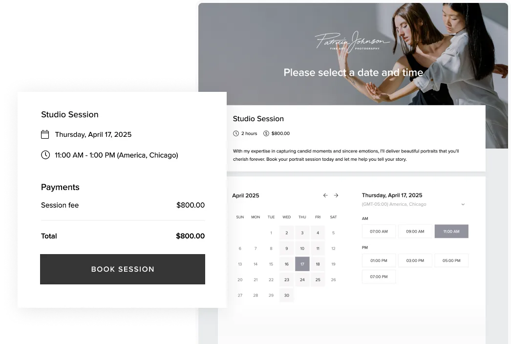 foto.umbii.boo booking and payment software lets photographers schedule sessions, take deposits, and manage availability online, as shown with a studio calendar for engagement photo sessions.