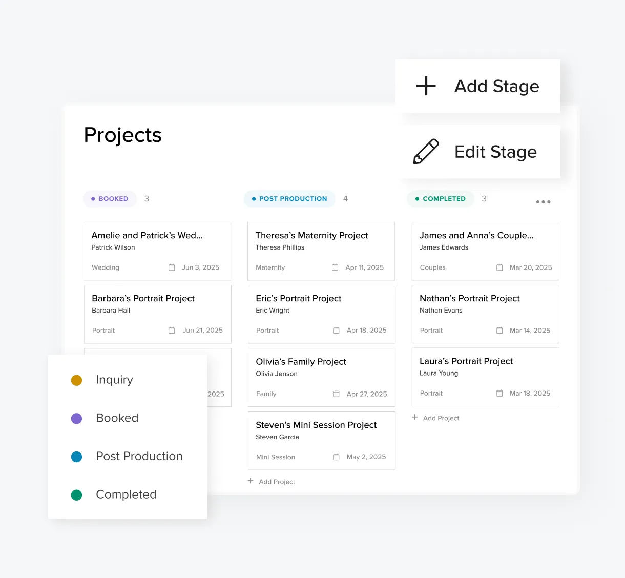 This project management board shows the photographer booked, post-production, and completed client sessions. Made with foto.umbii.boo Studio Manager.
