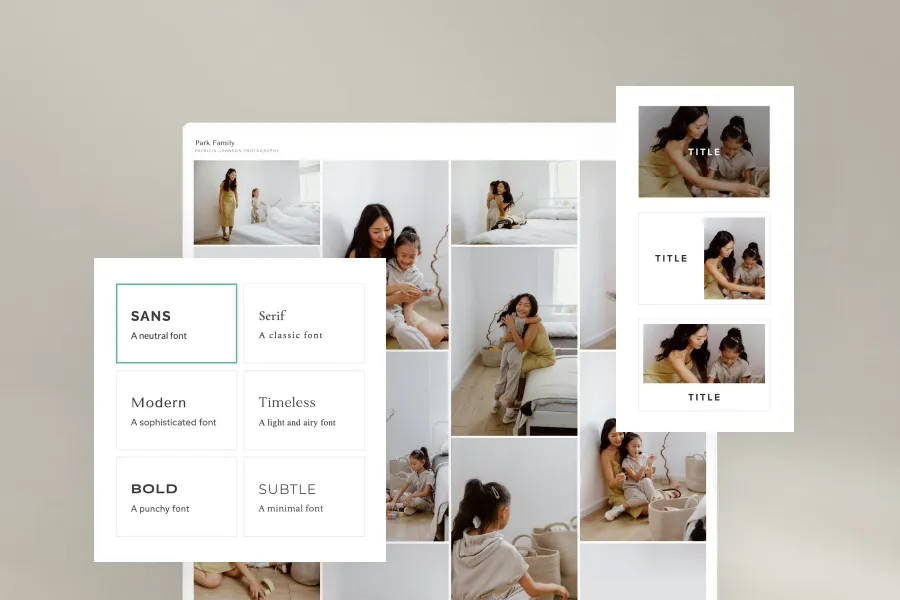 Lifestyle photo gallery layout with font style options and title placement previews, demonstrating foto.umbii.boo’s customizable gallery design tools.