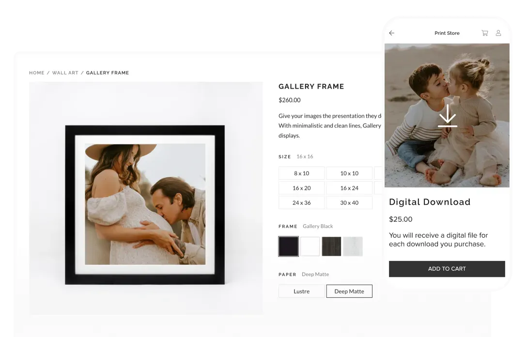 foto.umbii.boo Store lets photographers sell prints and digital downloads directly to clients, like this framed family portrait and high-res image download.