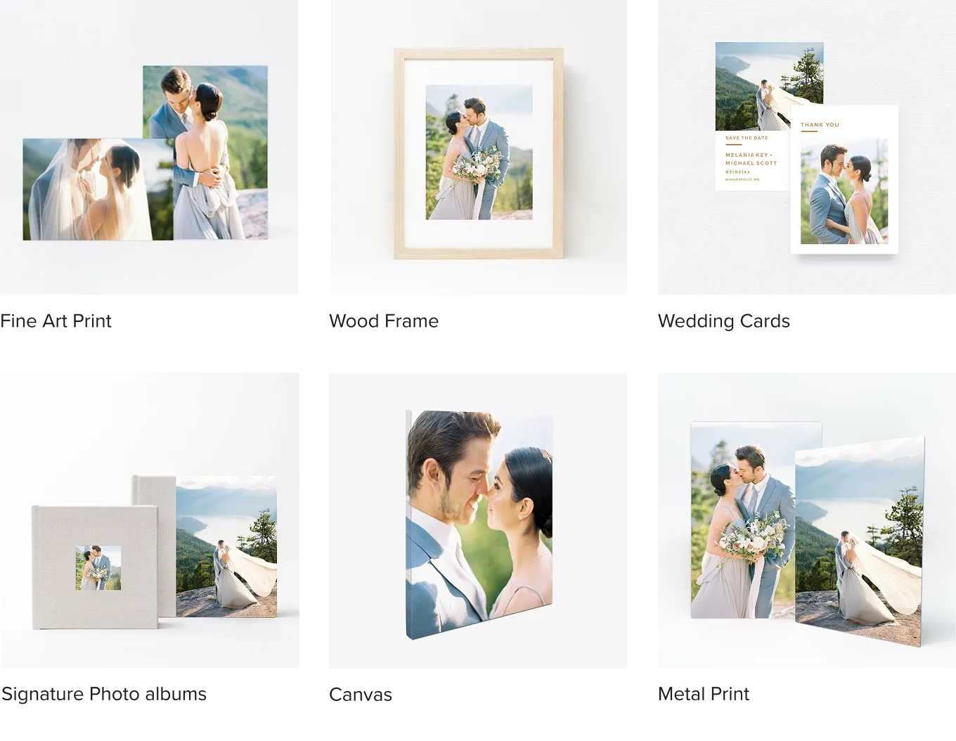foto.umbii.boo Store helps photographers sell more wedding prints and keepsakes online, like this product display featuring gallery frames, albums, cards, canvases, and metal wall art