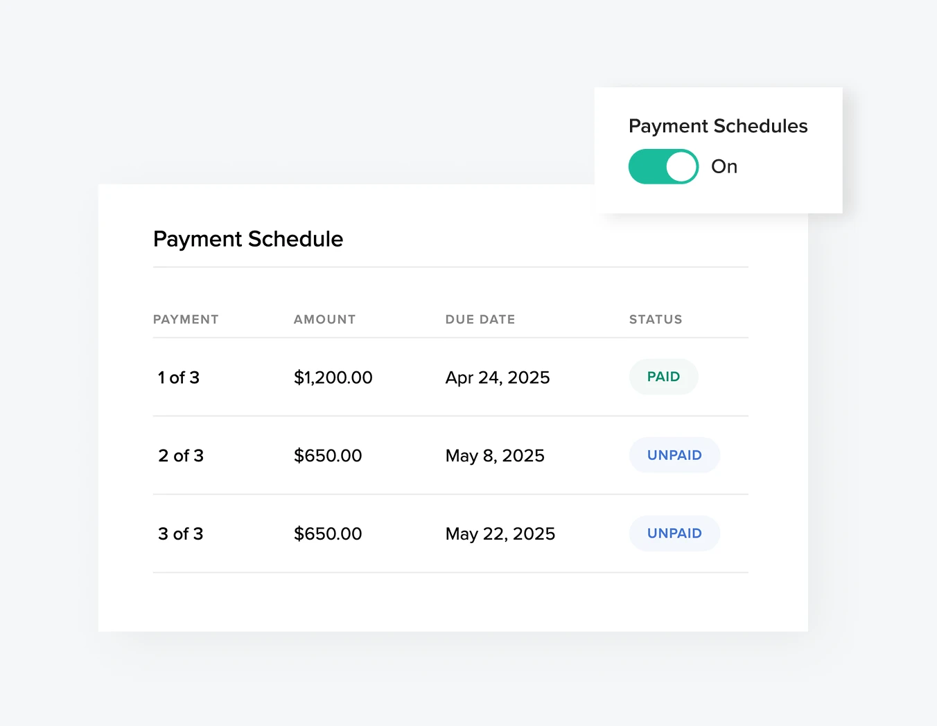 Reduce the need for follow-ups by setting payment dates upfront, like in this foto.umbii.boo payment schedule view showing installment plan with paid and unpaid statuses for photography services