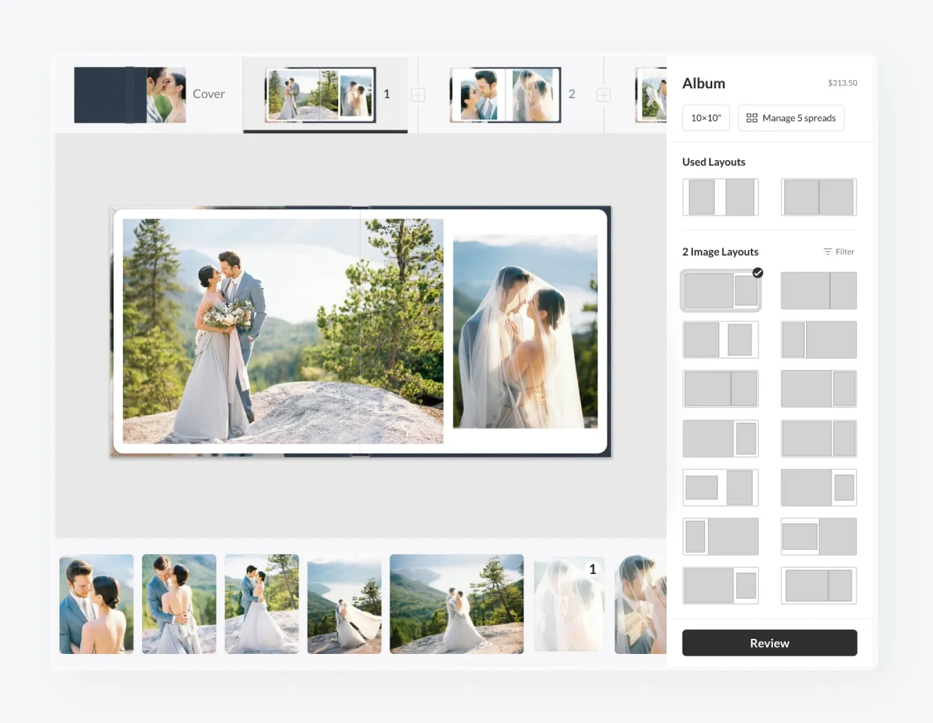 foto.umbii.boo Album Builder enables photographers to design professional wedding albums with drag-and-drop layouts, like this interface customizing photo spreads for a bridal album.