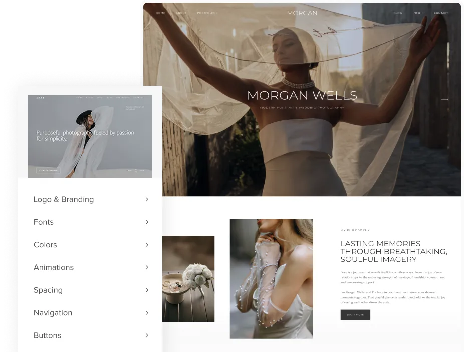 foto.umbii.boo helps photographers launch beautiful websites, portfolios, and blogs with customizable branding, like this elegant site for Morgan Wells featuring timeless wedding photography.