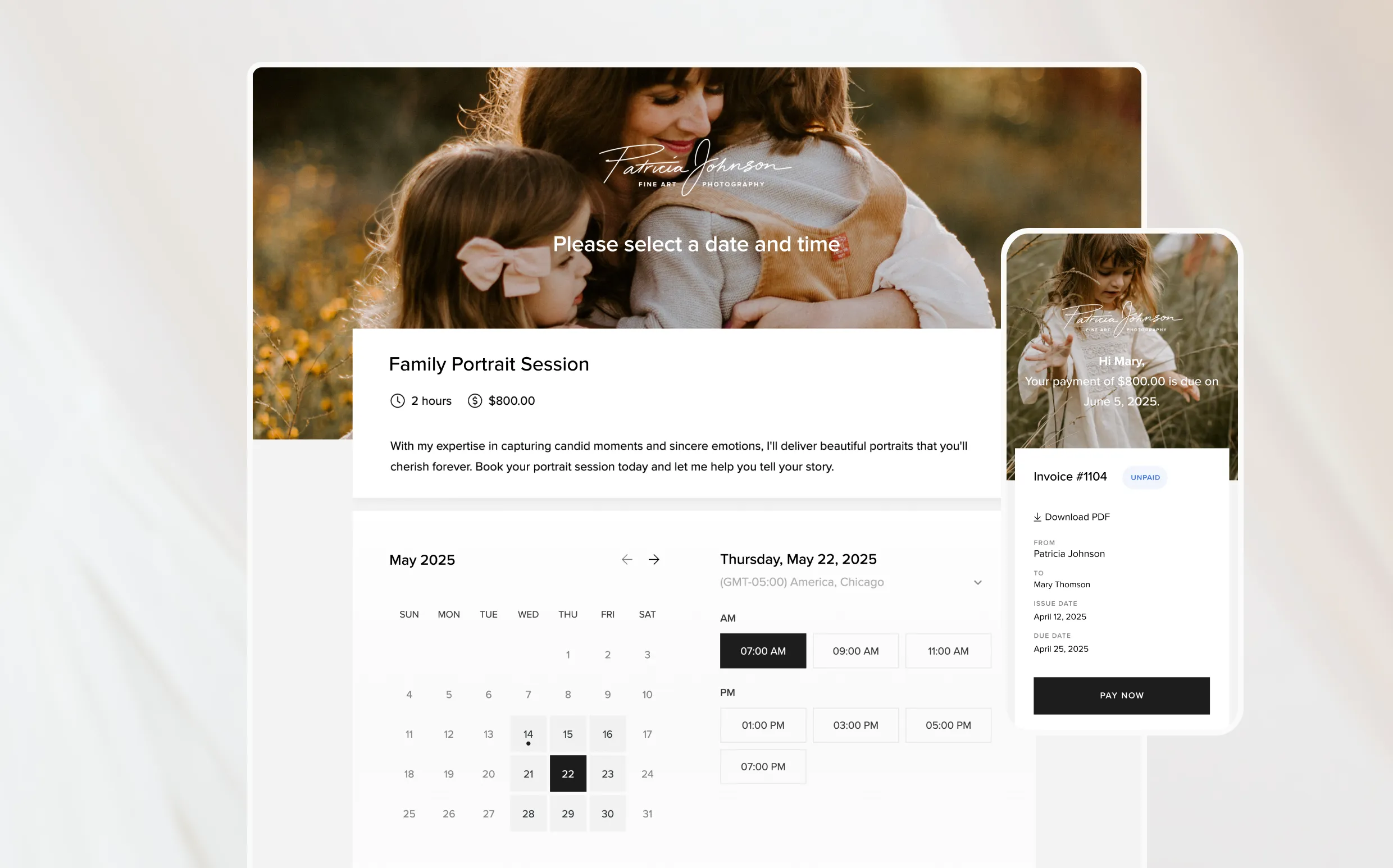 foto.umbii.boo Studio Manager makes it easy for photographers book sessions & send invoices, like with this family portrait calendar showing date, time, and payment details.
