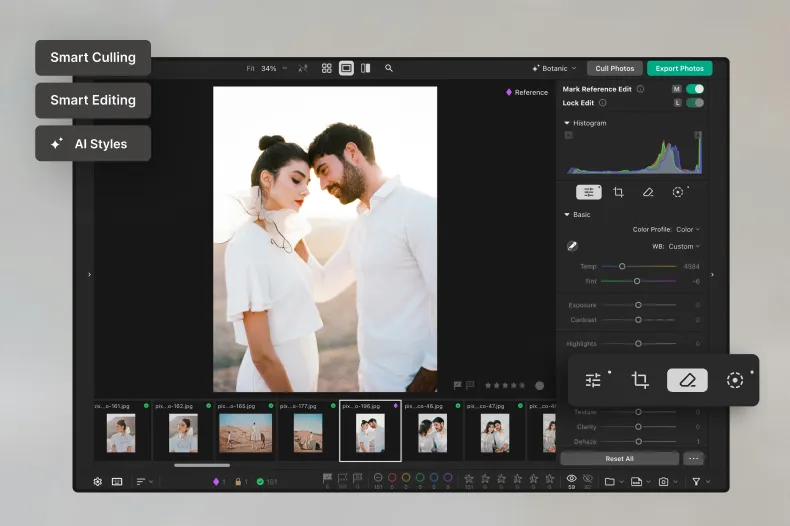 AI Photo Editor for photographers featuring smart culling, AI styles, and batch editing tools in a modern desktop interface.
