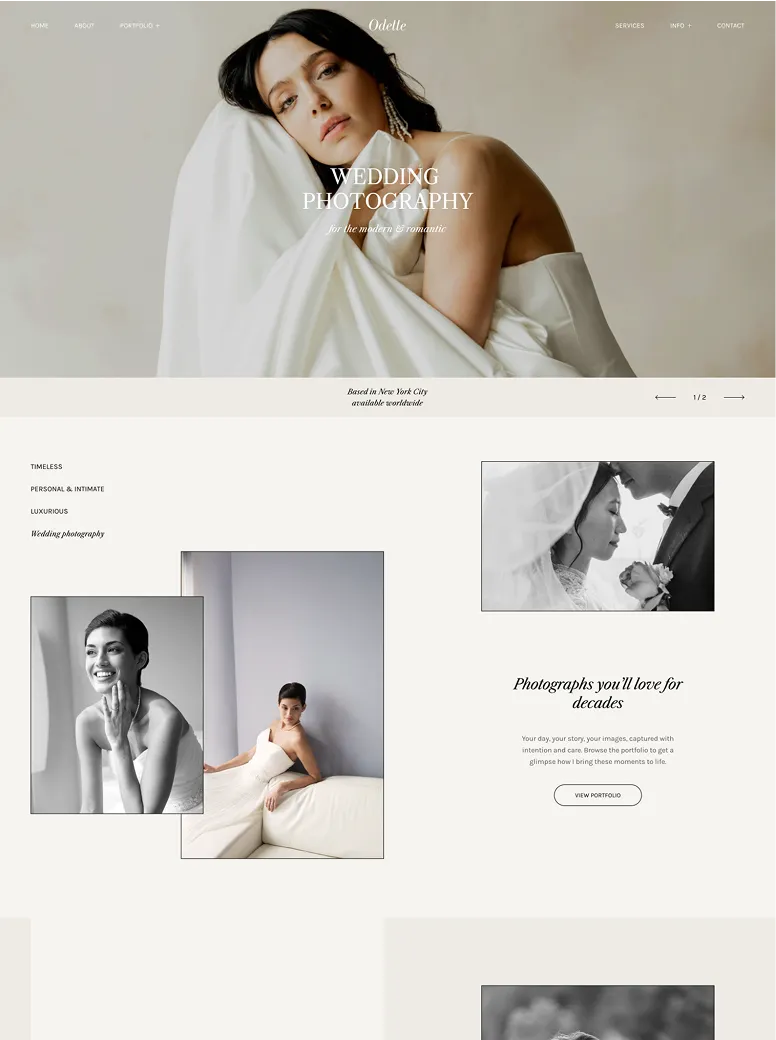 Elegant wedding photography website homepage showcasing romantic bridal portraits, soft neutral tones, and a timeless, editorial design for luxury wedding photographers.