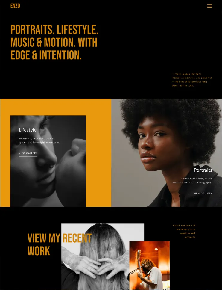 Bold photography portfolio website template with a black and gold color palette, large typography, portrait photography, lifestyle imagery, and a modern editorial homepage.