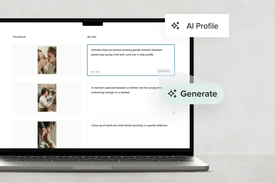 Laptop screen displaying foto.umbii.boo's AI Profile feature with alt text generation for family portraits, highlighting a workflow for photographers to quickly create descriptive image captions