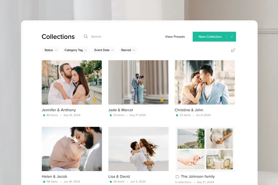 foto.umbii.boo Collections dashboard with multiple client photo galleries organized by couple names, dates, and collection status filters.