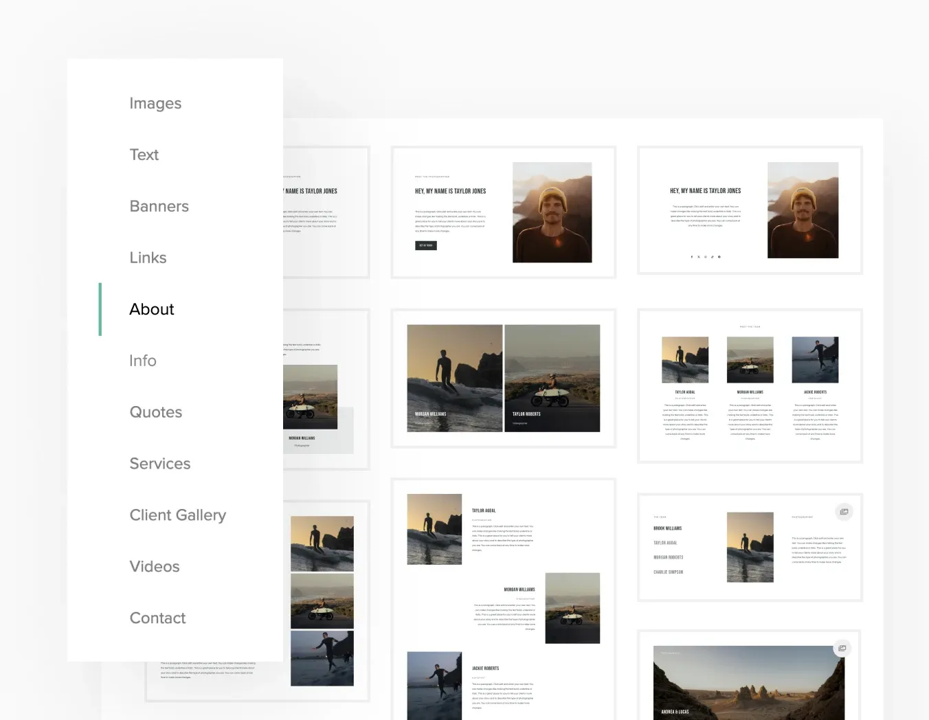 Select from foto.umbii.boo's extensive content block library, making it easy to build pages like these about pages, photo grids, and client galleries.