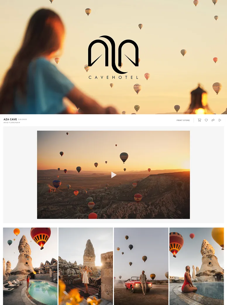 Brad Flowerdew’s Aza Cave Hotel photography gallery featuring sunrise hot air balloons, cave architecture, and poolside portraits.