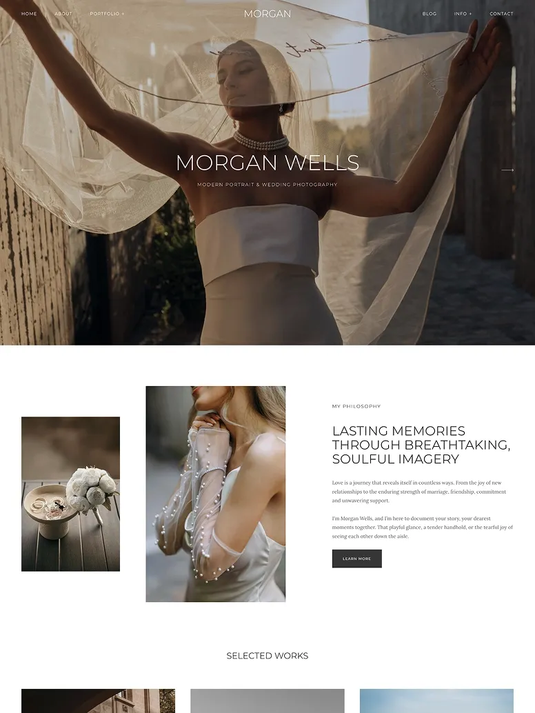 Elegant wedding photography website theme with romantic bridal portraits and timeless, sophisticated wedding imagery.