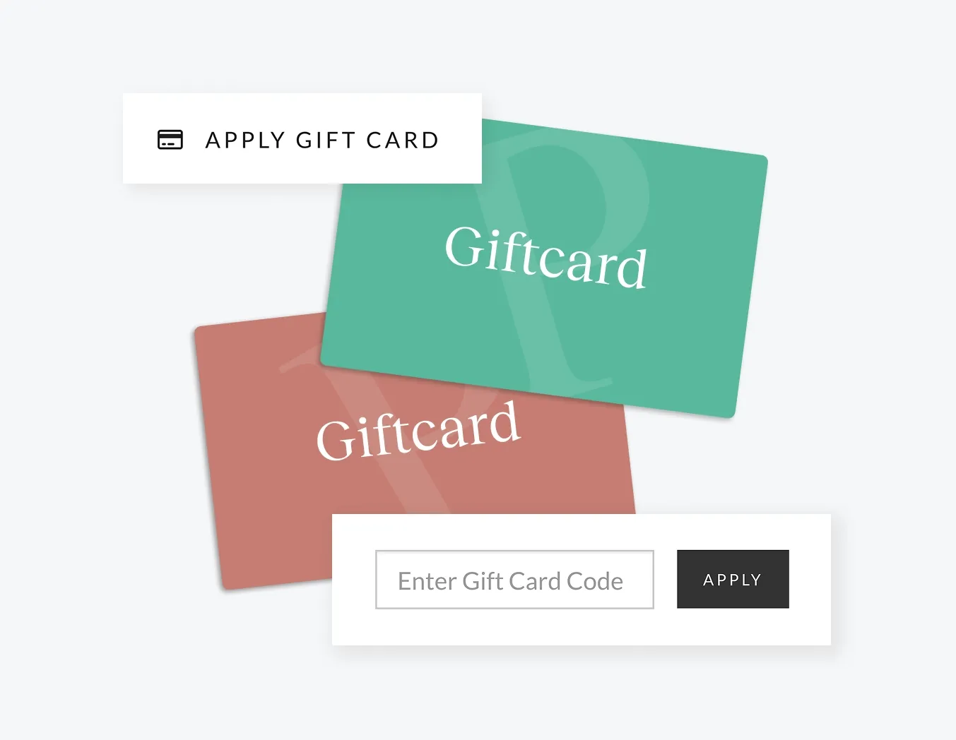 Illustration of digital gift cards in assorted colors with an “Apply Gift Card” field and entry box for gift card codes on a foto.umbii.boo online store.