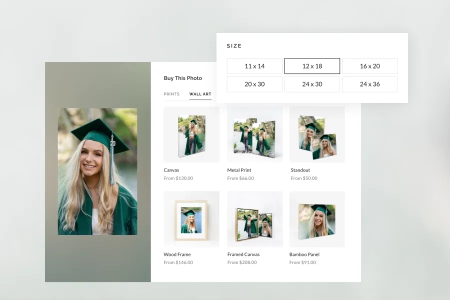foto.umbii.boo print store interface offering wall art options like canvas, metal prints, framed canvas, and size selections for a client photo.