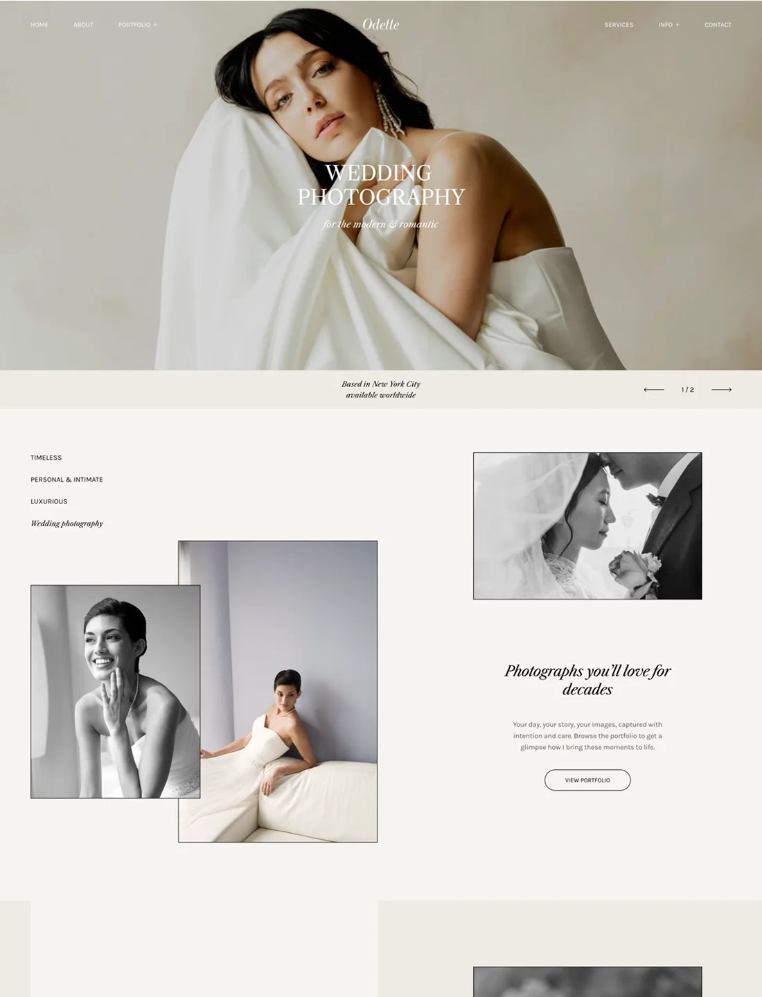 Elegant wedding photography website homepage showcasing romantic bridal portraits, soft neutral tones, and a timeless, editorial design for luxury wedding photographers.