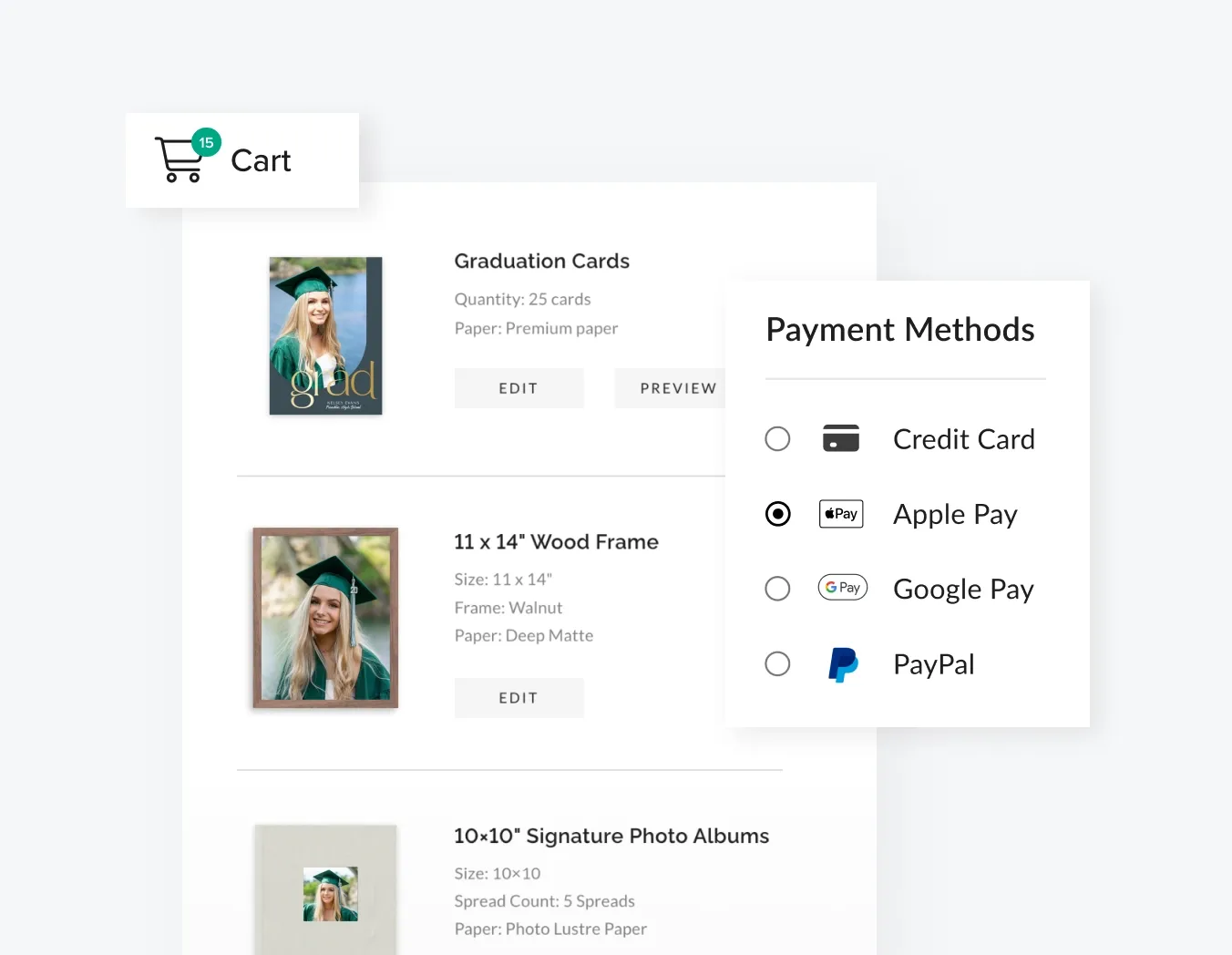 foto.umbii.boo Store makes it easy for photographers to get paid with flexible checkout options, like this photo order showing payment by credit card, Apple Pay, or PayPal.