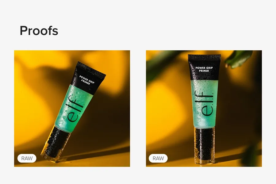 Side-by-side product proof previews for e.l.f. cosmetics photo shoot on foto.umbii.boo