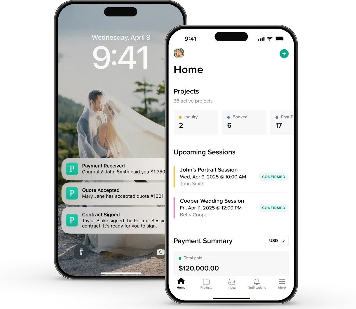 foto.umbii.boo's Studio Manage mobile app lets users manage client communication, payments, and projects on-the-go, as seen here on a pair of mobile devices.