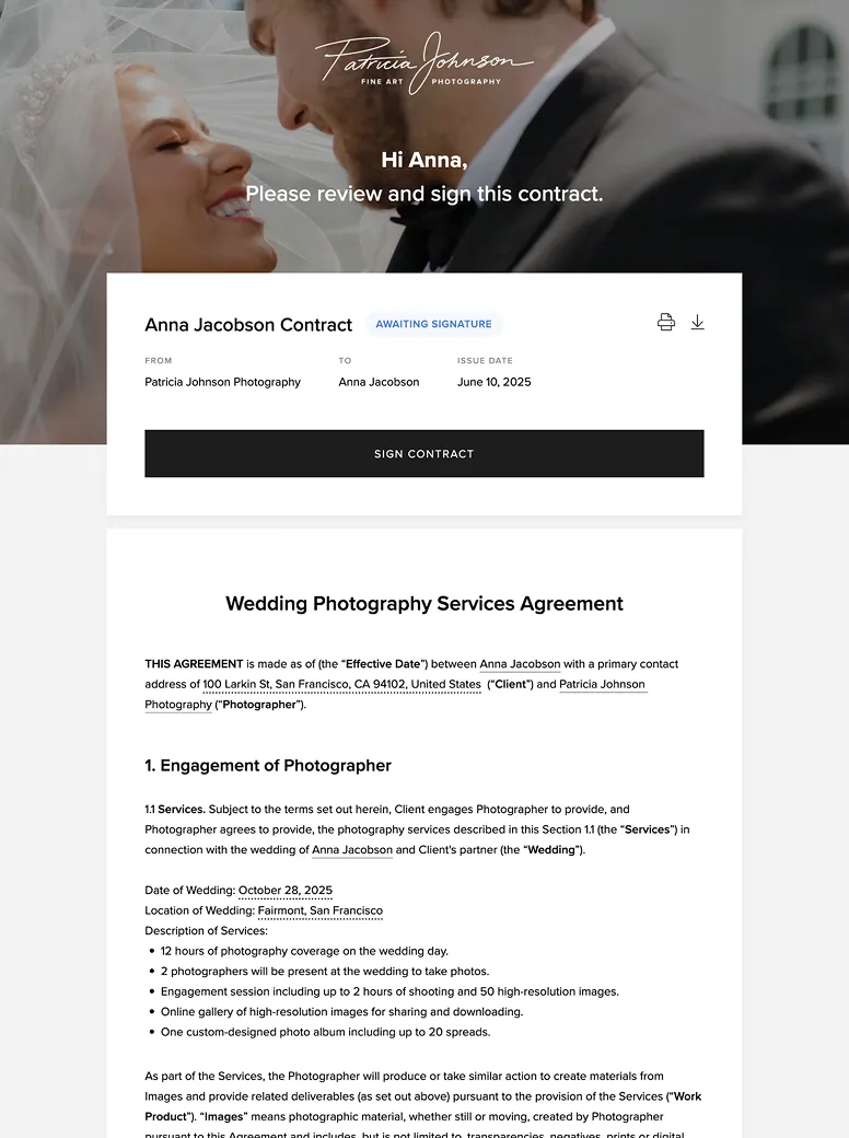 Digital wedding photography contract with ESignature—foto.umbii.boo lets photographers send, sign, and manage contracts online with clients.