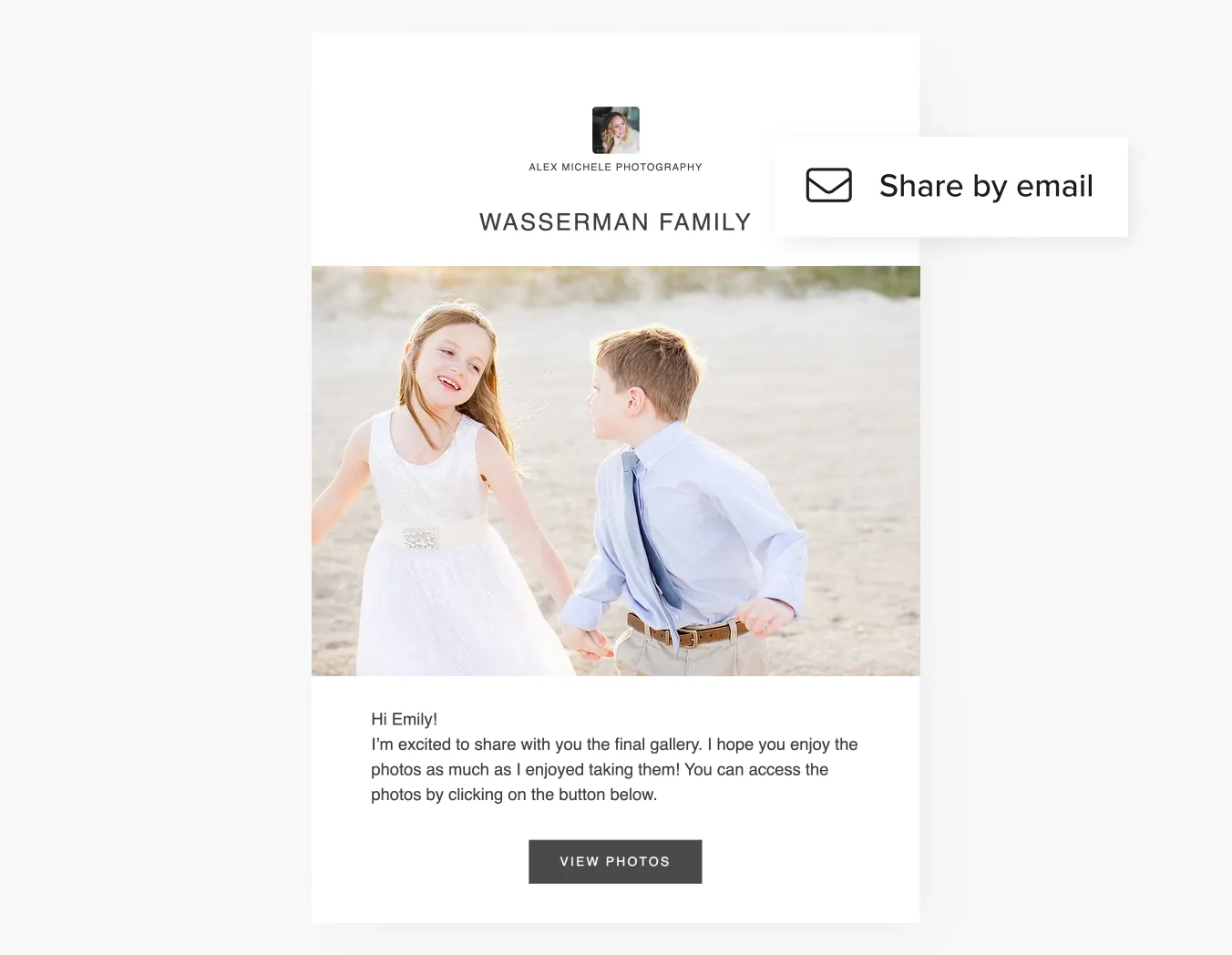 foto.umbii.boo Client Gallery sends beautifully branded, hi-res email invites, like this Wasserman family gallery invite with mother and daughter.