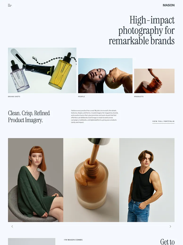 Modern commercial photography portfolio homepage featuring clean product photography, fashion portraits, and high-impact brand imagery with a refined editorial layout.