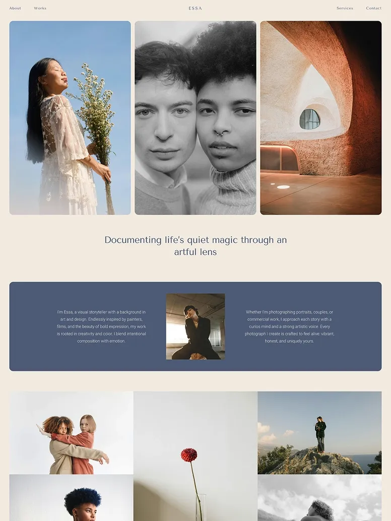 Lifestyle and portrait photography website theme with soft natural light, candid couple portraits, and artistic composition.