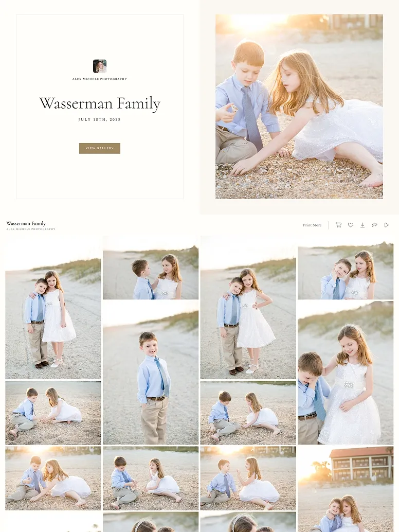 Beach family photography of the Wasserman family with children playing in the sand, candid moments, and golden hour light.