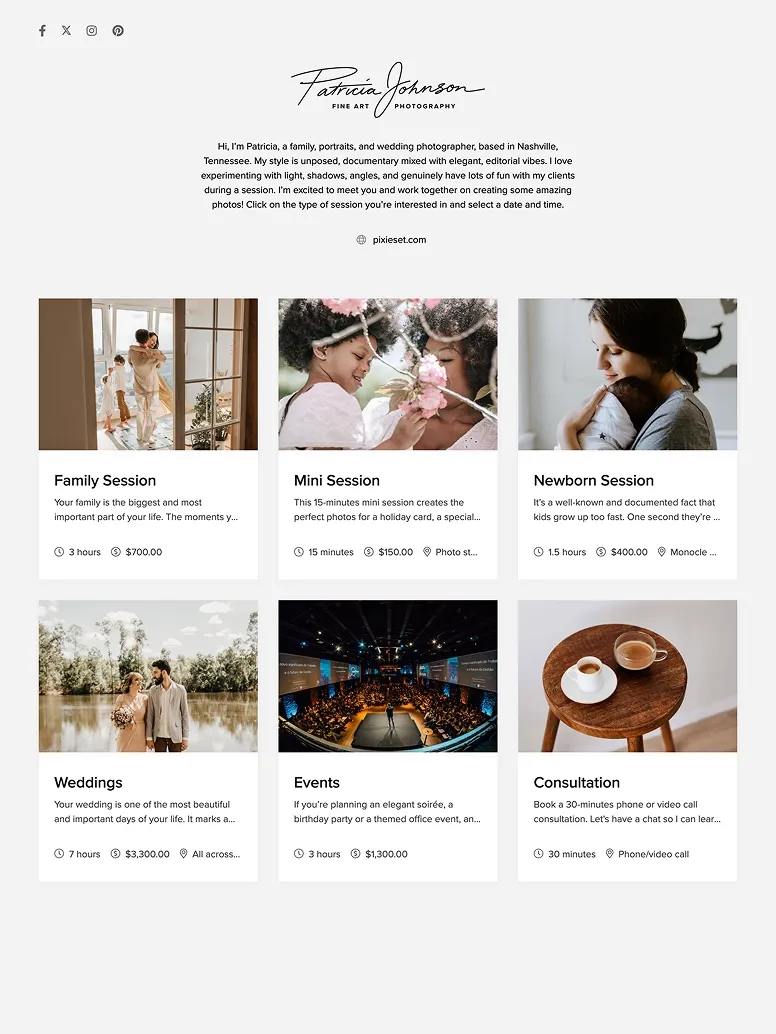 Photography booking page showing family, newborn, and wedding sessions—foto.umbii.boo makes it simple to schedule, price, and manage client bookings online.