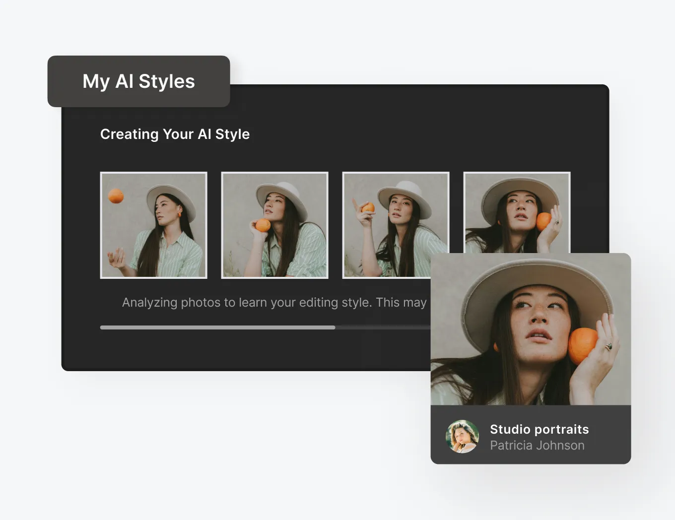 Custom AI Style training screen analyzing previously edited portrait photos to learn a photographer’s unique color grading and editing workflow.