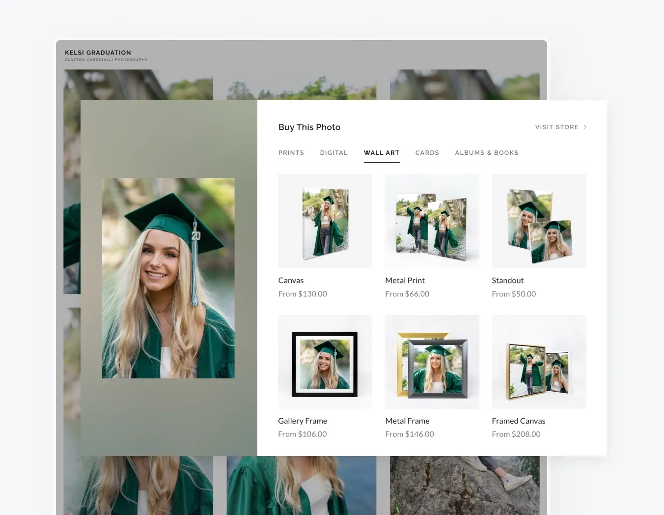 foto.umbii.boo seamlessly incorporates photographers client galleries into their storefront, like in this photo of a client gallery "buy this image" popup showing print options.