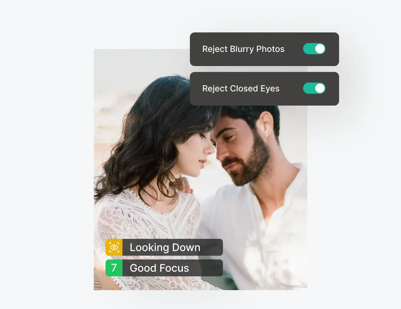 AI photo culling interface highlighting closed eyes and blurry portrait detection, helping photographers quickly identify and remove unusable images during the review process.