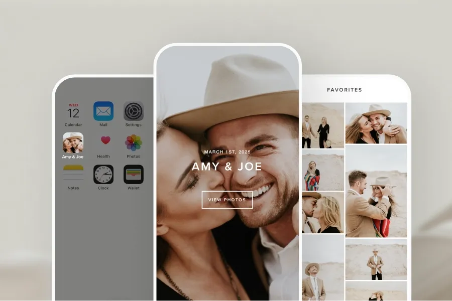 Mobile view of a wedding photo gallery for Amy & Joe, showing featured images, favorites section, and app icon preview on iOS home screen.