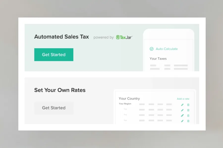 foto.umbii.boo Store tax settings interface featuring automated sales tax via TaxJar and manual rates.