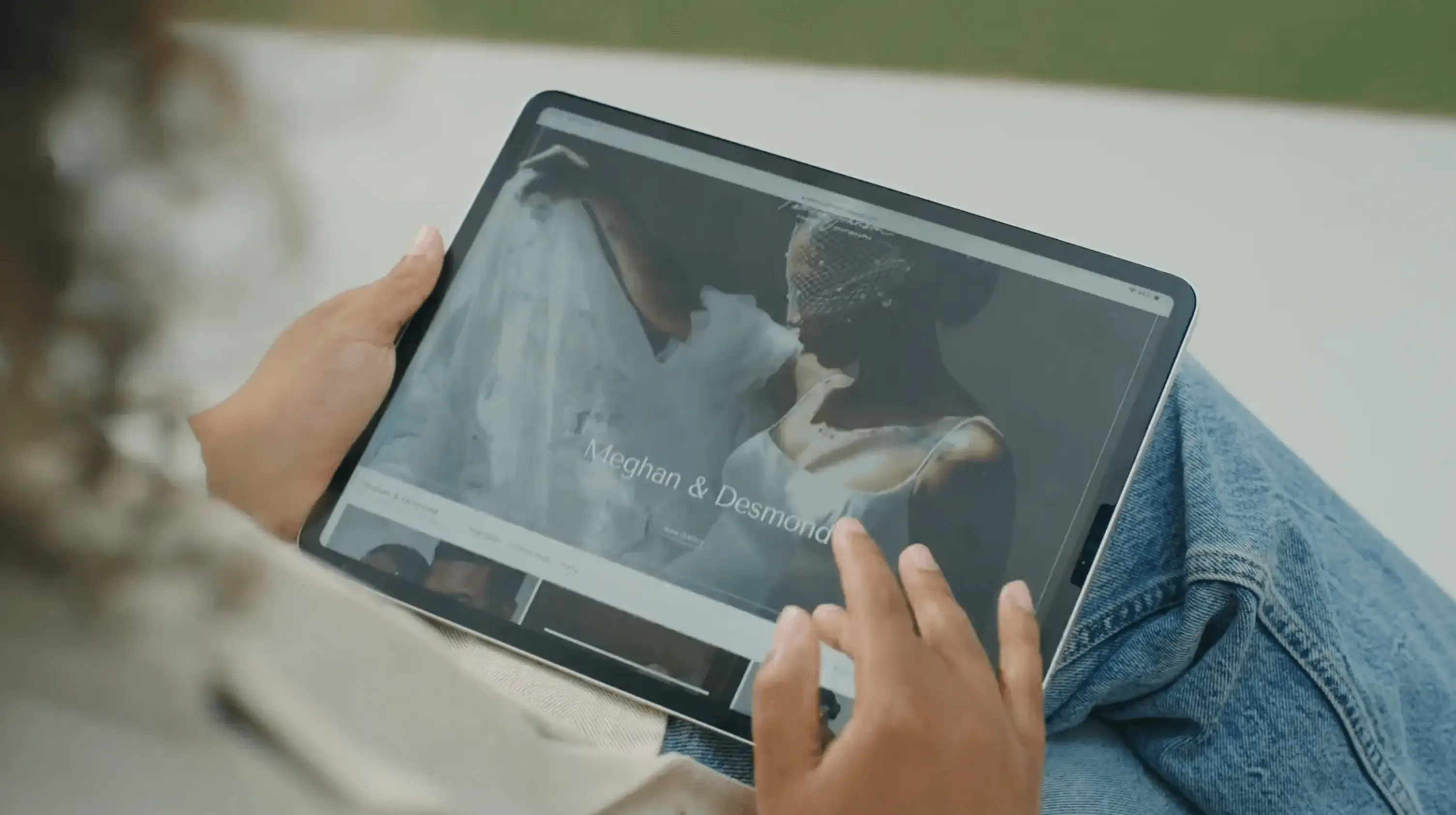 Photographer reviewing foto.umbii.boo wedding client gallery album of Meghan and Desmond.