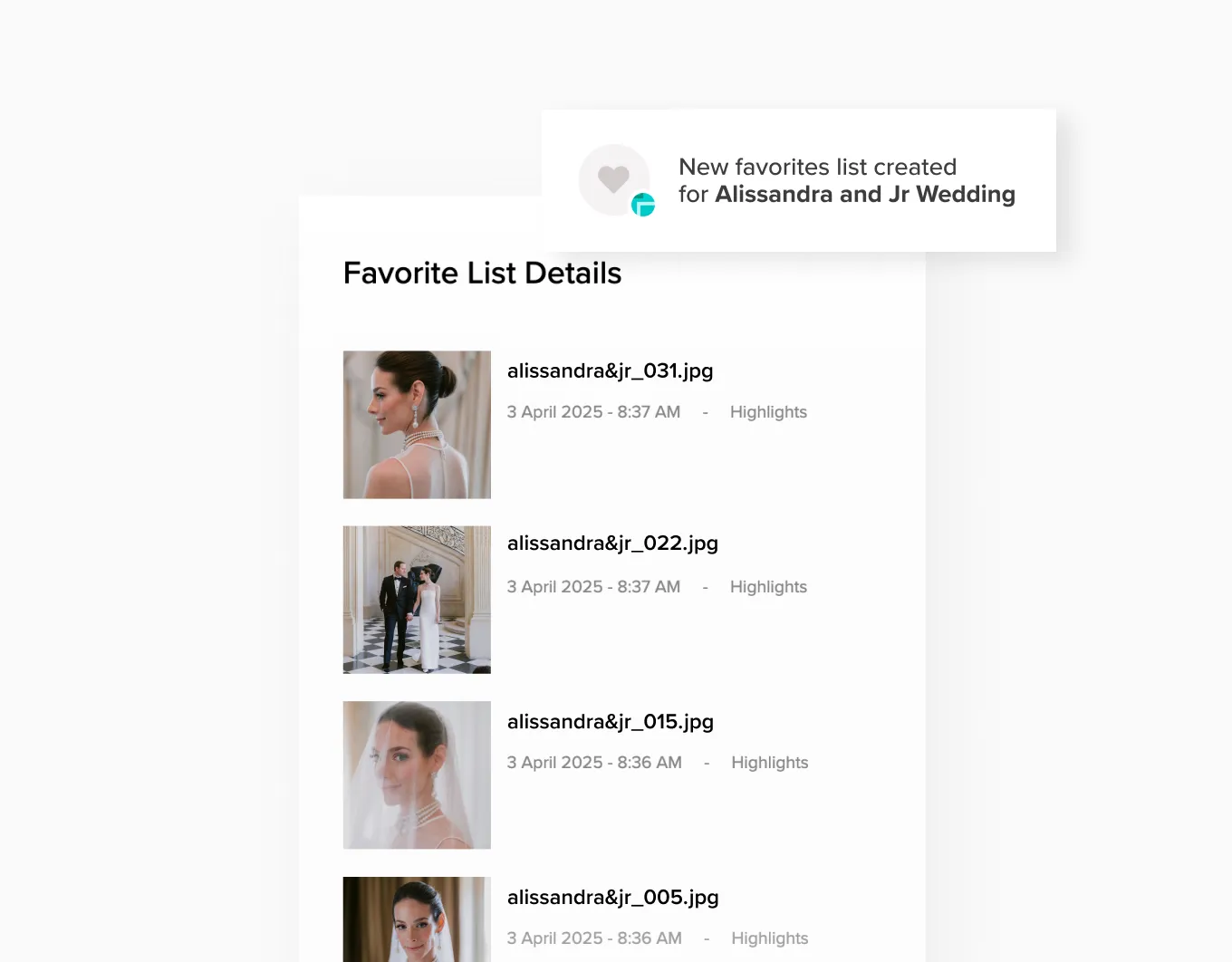 foto.umbii.boo Client Gallery lets you keep track of your clients' favorite photos - like this wedding gallery favorites list created with timestamped image selections, including thumbnails and filenames