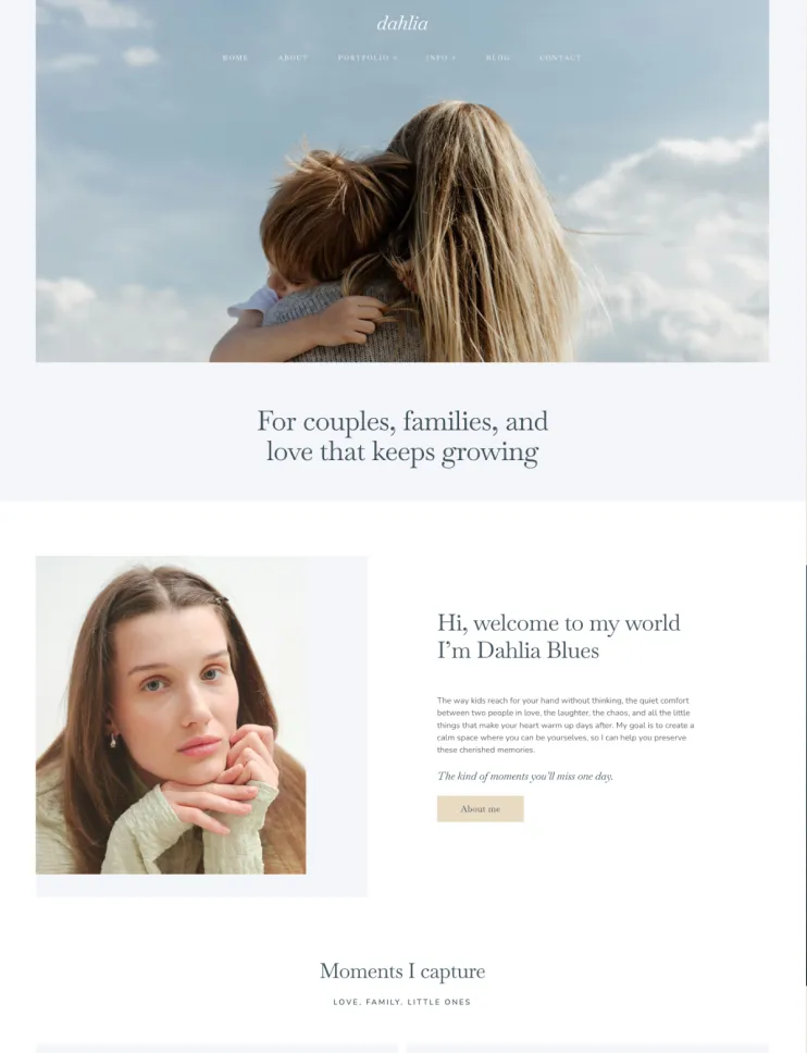 Elegant photography website template with a full-width family hero image, an introduction section featuring a photographer portrait, and a soft minimalist design for family and lifestyle photographers.