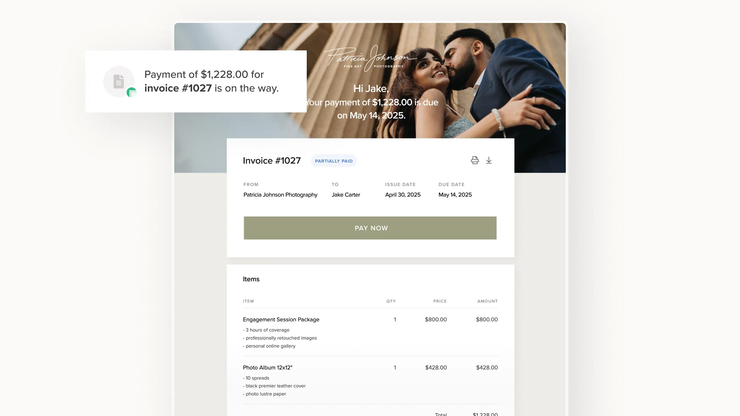 This beautifully branded invoice shows partial payment status and itemized photography service breakdown, made with foto.umbii.boo Studio Manager.