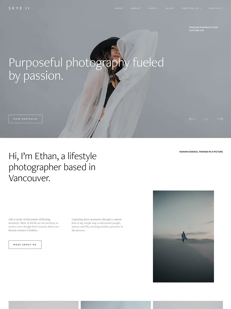 Minimalist lifestyle photography website design showcasing airy, emotive portraits and serene outdoor editorial photography.
