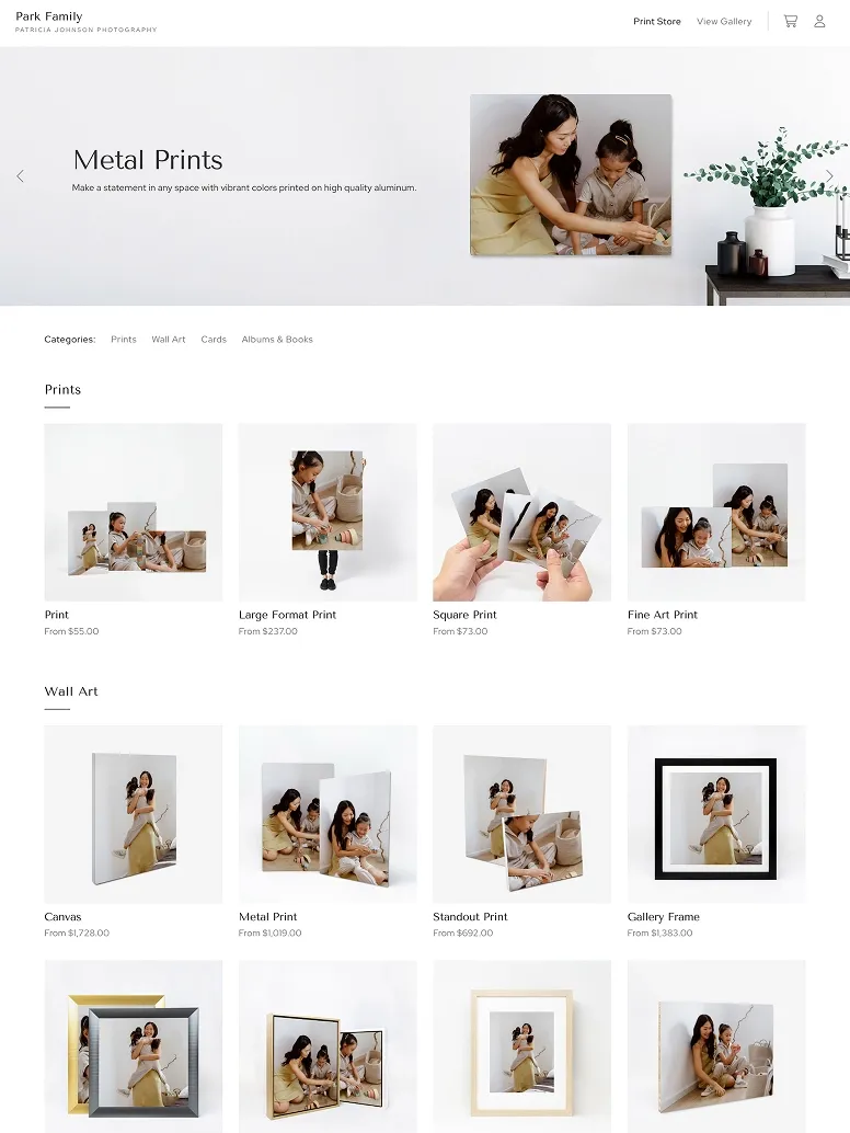 foto.umbii.boo photography print store product page highlighting metal prints with vibrant family portraits, plus options for prints, large format prints, square prints, fine art prints, and wall art including canvas, standout, gallery frames, and framed canvas displays.