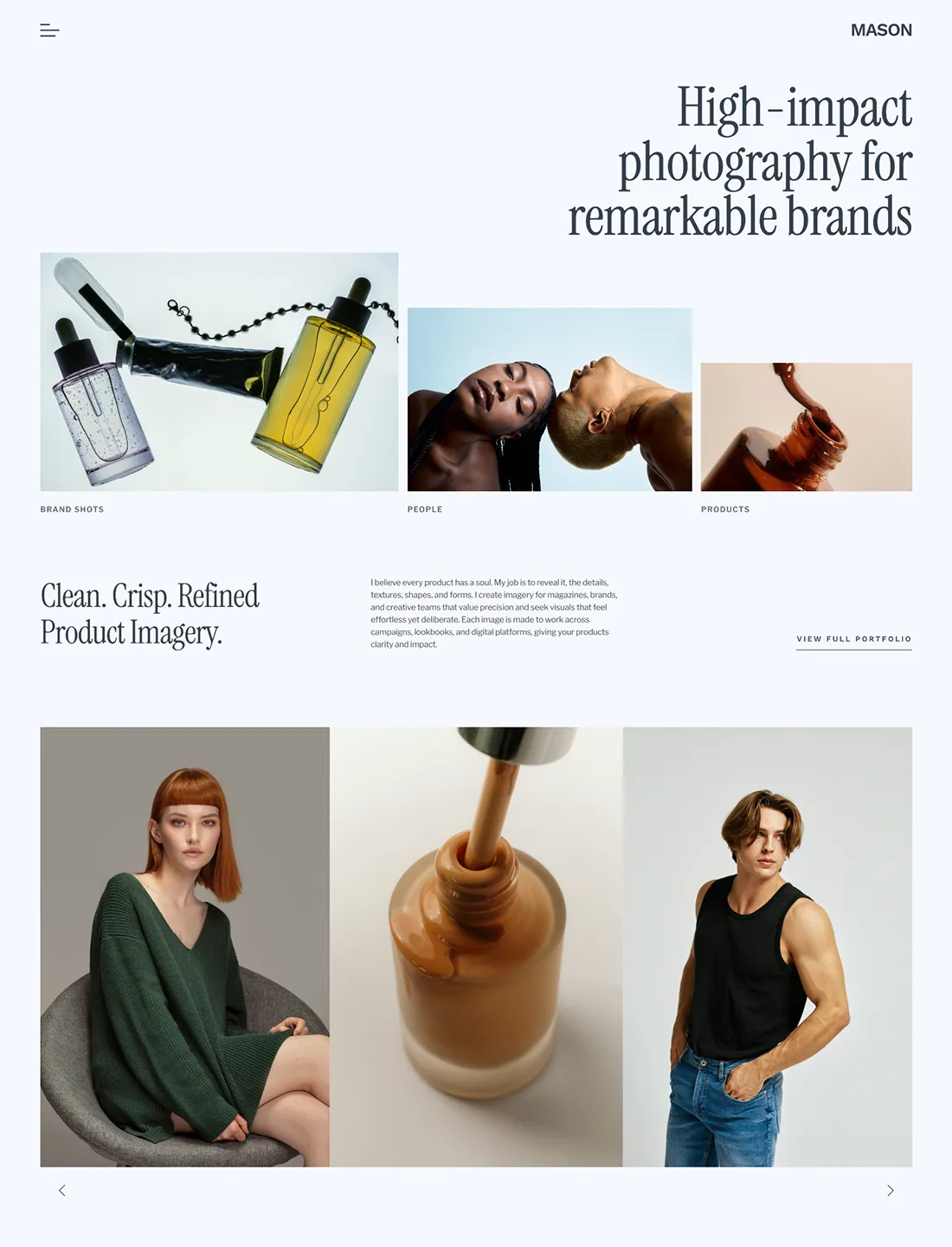 Modern commercial photography portfolio homepage featuring clean product photography, fashion portraits, and high-impact brand imagery with a refined editorial layout.