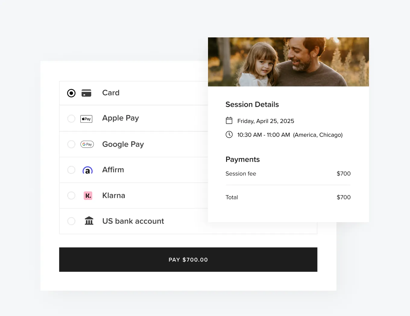 foto.umbii.boo Payments lets you accept credit cards, digital wallets & more - like in this Photography session payment summary with selected time and multiple payment method options