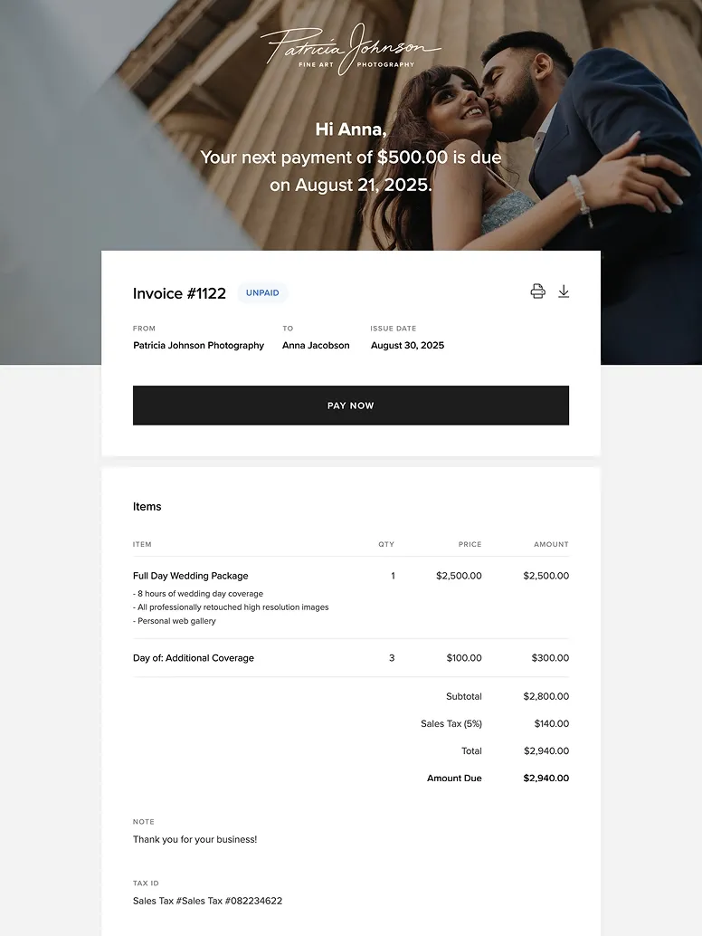 Photography invoice with wedding package details and online payment button—foto.umbii.boo helps photographers get paid faster with branded invoices.