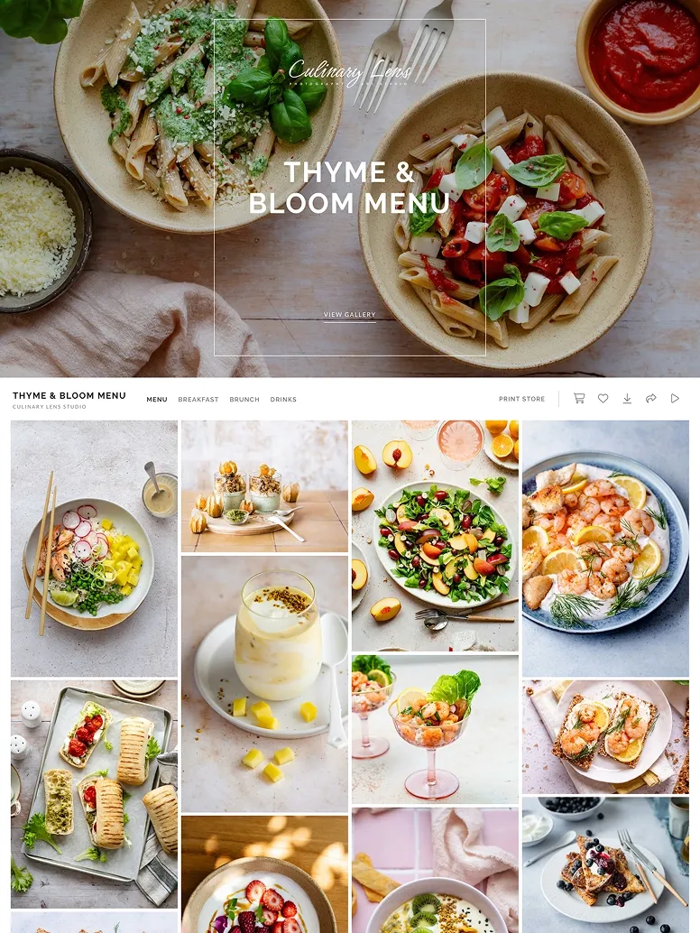Food photography of the Thyme & Bloom Menu featuring fresh seasonal dishes, gourmet plating, healthy recipes, and colorful culinary presentations.