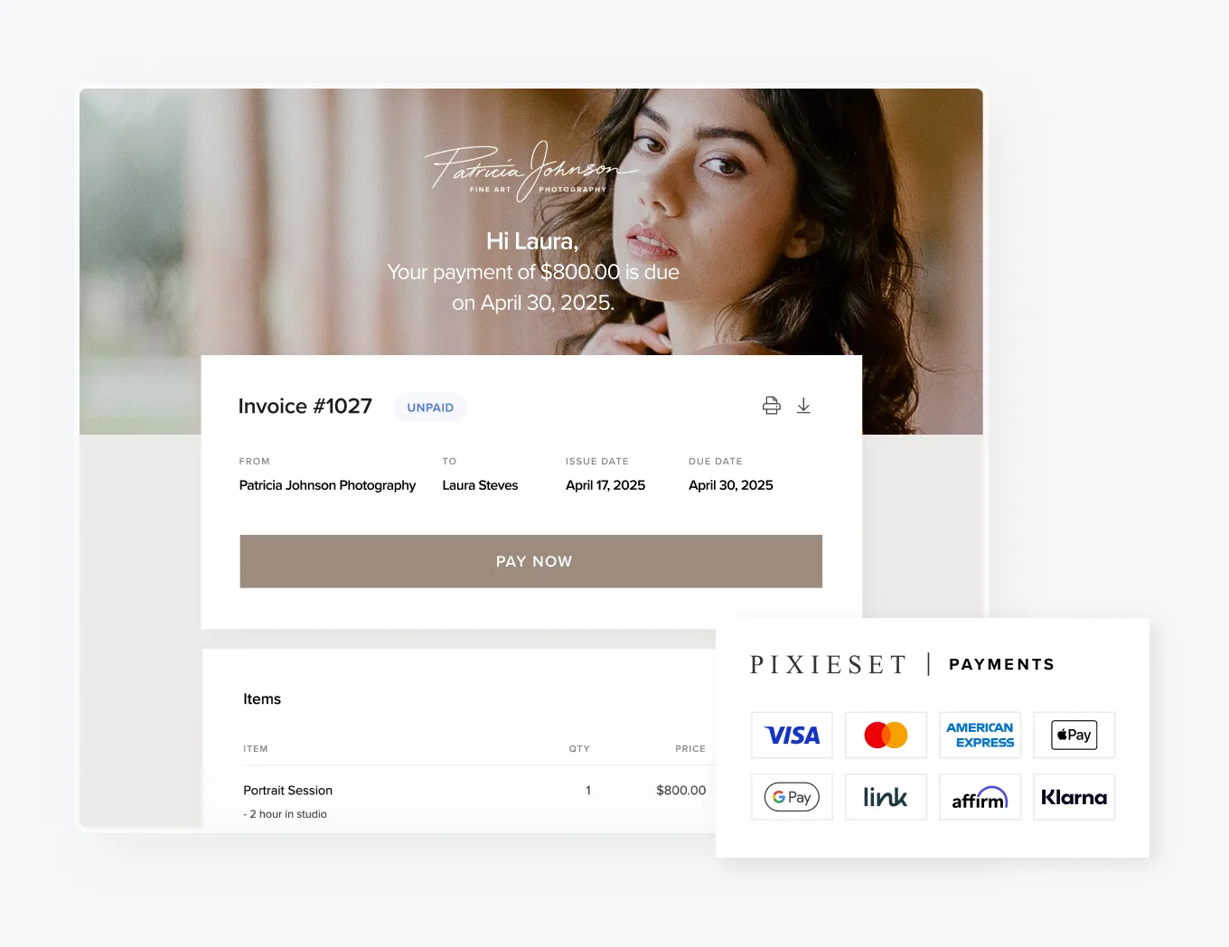 Photography invoice with foto.umbii.boo payment options including Visa, Mastercard, Apple Pay, Google Pay, Affirm, and Klarna