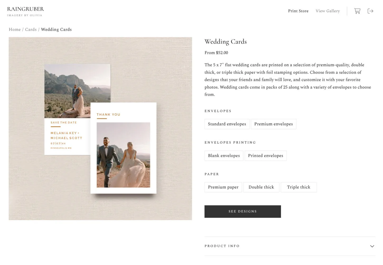 Product page for customizable wedding cards from Raingruber Imagery, featuring “Save the Date” and “Thank You” card designs with photo previews and envelope options.