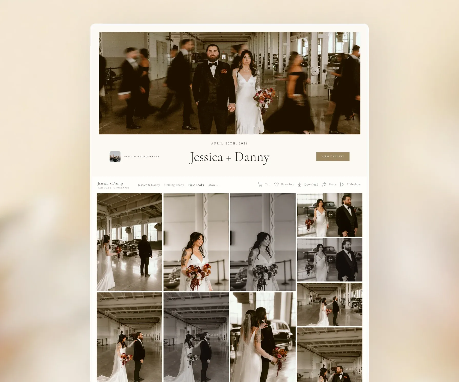 Jessica and Danny's wedding gallery featuring elegant portraits and candid moments from their industrial venue ceremony.