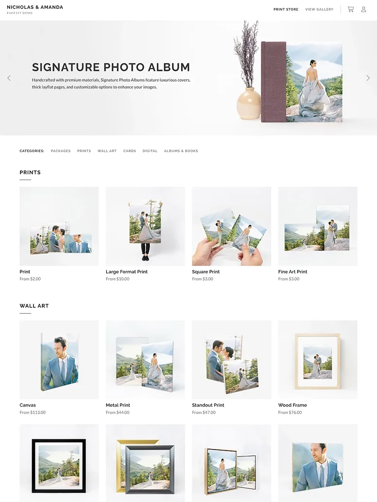 foto.umbii.boo print store product page featuring Signature Photo Album with linen cover and wedding portrait, plus options for prints, large format prints, square prints, fine art prints, and wall art including canvas, metal, standout, and wood frame displays.