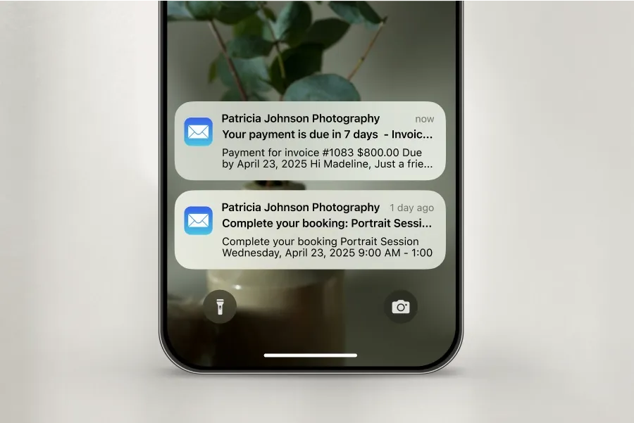 foto.umbii.boo mobile email notifications for photography invoice due date and session booking confirmation